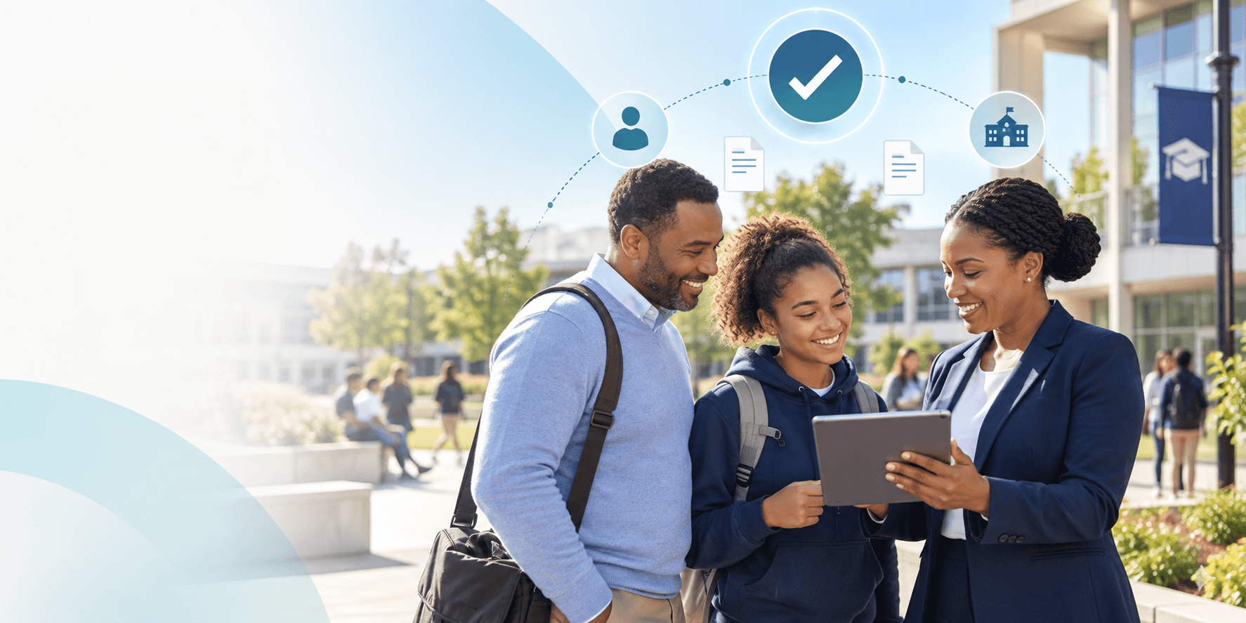A student on campus and a school administrator with a tablet