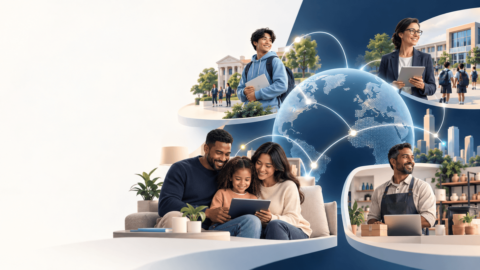 A family at home, a student on campus, a school administrator and a shop owner, connected across a world map